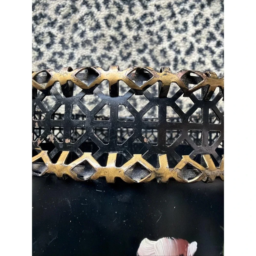 VTG Hand Painted Floral Metal Wastebasket Black Pierced Lattice Toleware Worn!